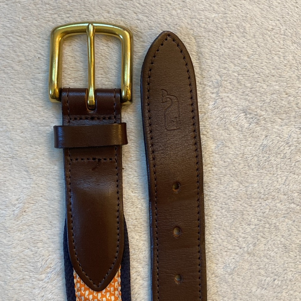 Vineyard Vines orange white whale navy canvas brass buckle leather accent belt - Picture 3 of 7